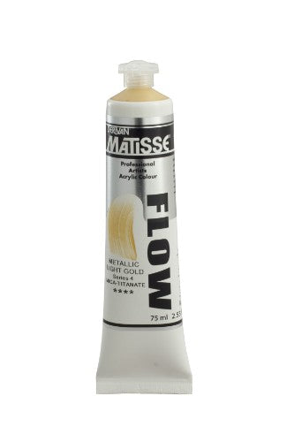 Matisse Flow 75ml Metallic Lt Gold acrylic paint, featuring a luxurious sheen and smooth application for detailed art projects.