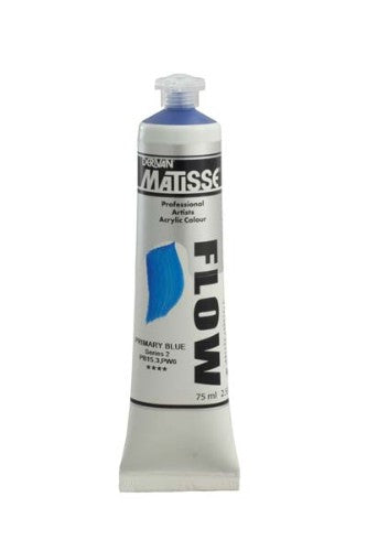 Matisse Flow Acrylic Paint in Primary Blue, 75ml, offering smooth brushstrokes and vibrant color for diverse art techniques.