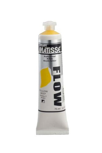 Matisse Flow 75ml Yellow Deep S2 acrylic paint in a tube, showcasing its vibrant yellow color and smooth blending qualities.
