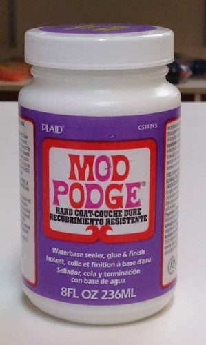 Mod Podge Hard Coat 8oz bottle, ideal for durable decoupage projects, water-resistant and heat-resistant finish.
