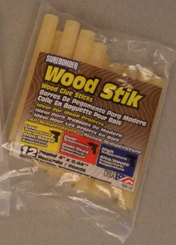 Surebonder Wood Stik (12) glue sticks designed for strong bonds in woodworking, crafting, and repairs with standard hot glue guns.