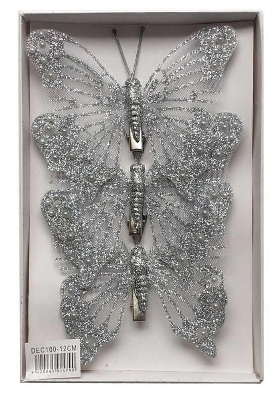 Butterfly Clip Set - Silver Glitter 12cm (3 Packs)