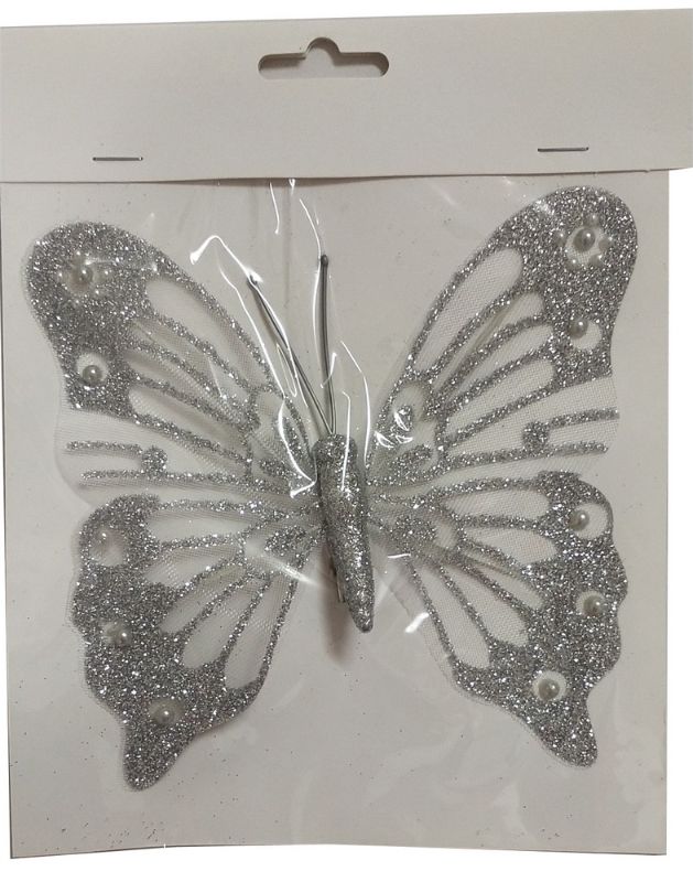 Butterfly Clip - Silver Glitter 18cm (5 Units)