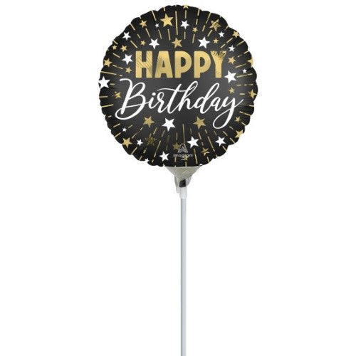 Balloon - 22cm Inflated Satin Black, Silver & Gold Happy Birthday