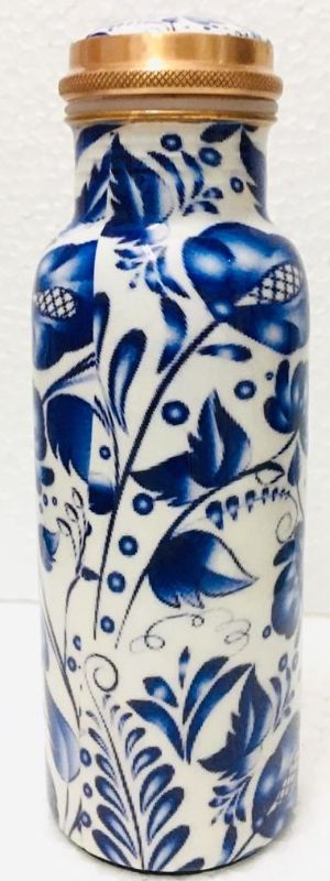 Ayurveda Blue Floral Bottle - Copper (750ml)