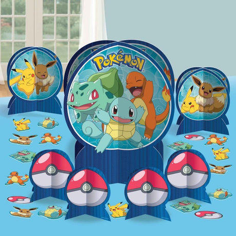 Vibrant Pokémon-themed table centrepiece kit with multiple sizes and confetti for festive celebrations.
