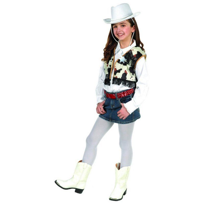 Child's Western dress up kit featuring a vest, bandana, and badge for imaginative cowboy or cowgirl play.