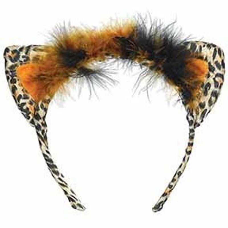 Leopard print cat ears headband with faux feathers, perfect for costumes and playful everyday looks.