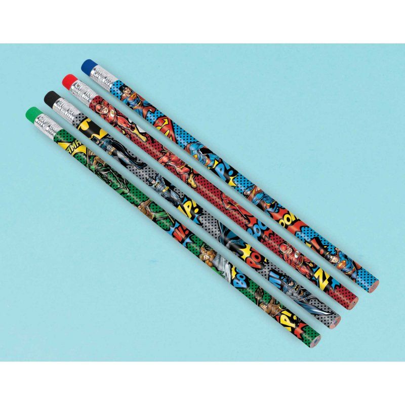 Pack of 8 Justice League Heroes Unite pencils, perfect party favors for superhero-themed celebrations.