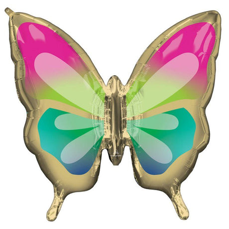 Bright and colorful 76cm tropical butterfly foil balloon, perfect for celebrations and photo opportunities.