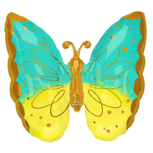 Supershape XL Mint & Yellow Butterfly Foil Balloon, 63cm, perfect for celebrations with its vibrant colors and whimsical design.
