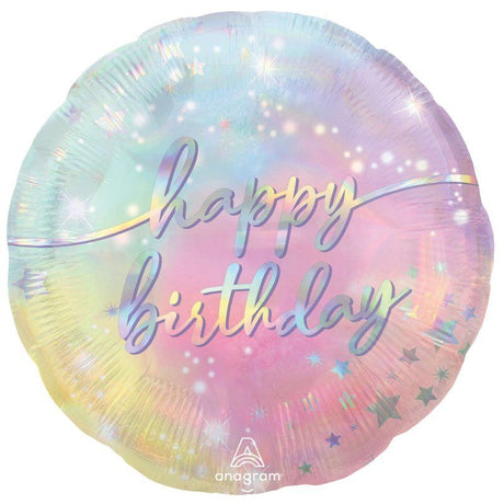 Self-sealing 45cm foil balloon with 'Happy Birthday' design, luminous colors, perfect for celebrations.