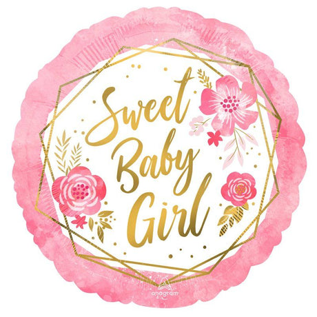 Floral foil balloon for baby girl celebrations, 45cm, self-sealing design for long-lasting charm and joy.