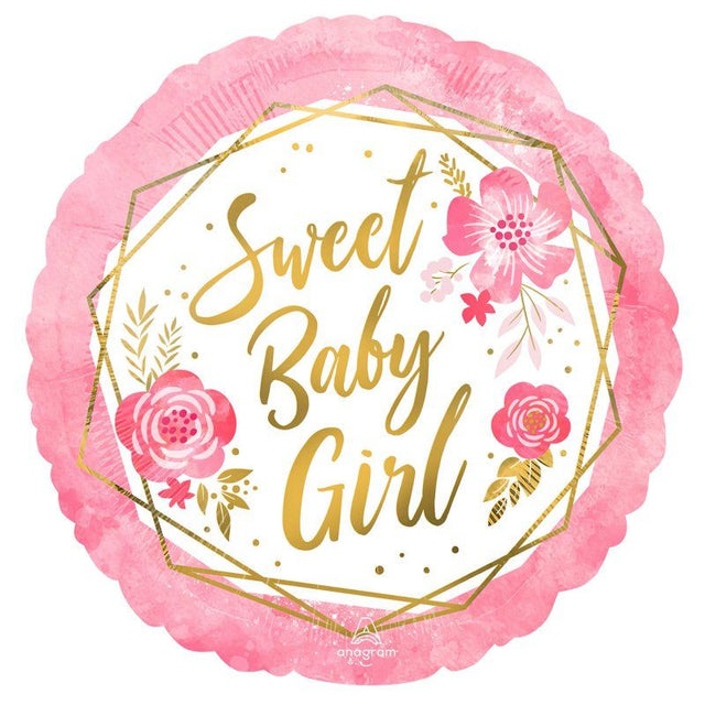 Floral foil balloon for baby girl celebrations, 45cm, self-sealing design for long-lasting charm and joy.