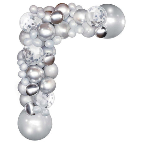 Silver balloon garland kit with 70 assorted balloons, perfect for elegant party decorations and easy assembly.
