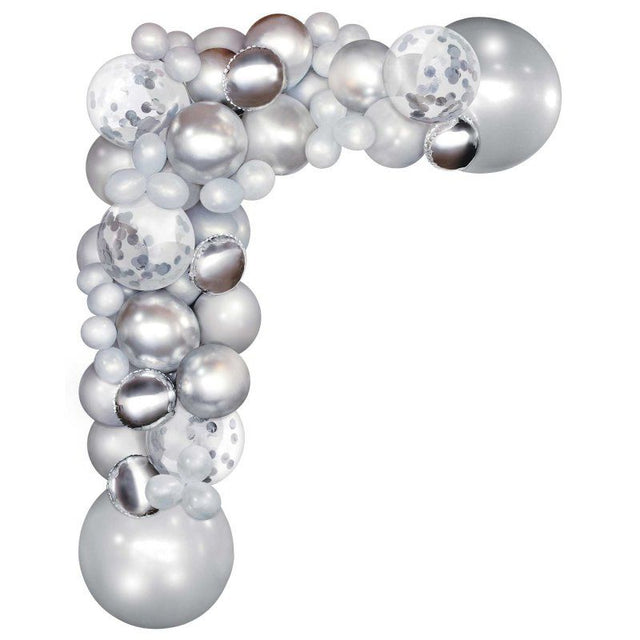 Silver balloon garland kit with 70 assorted balloons, perfect for elegant party decorations and easy assembly.