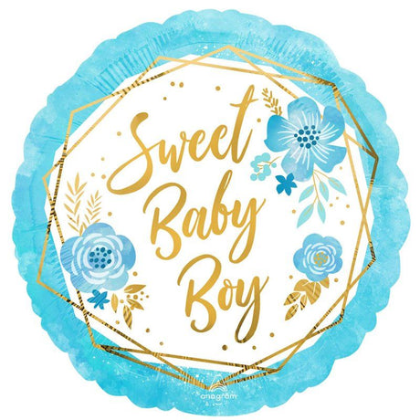 45cm self-sealing foil balloon with floral and geometric design for celebrating a sweet baby boy's arrival.