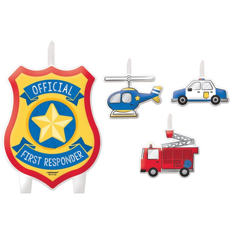 Vibrant birthday candle set for first responders, featuring 3 small and 1 large uniquely designed candle.