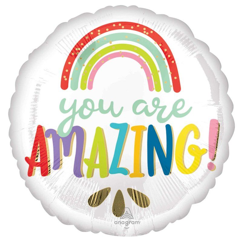 Self-sealing 45cm foil balloon featuring a colorful 'You Are Amazing' rainbow design by ANAGRAM.