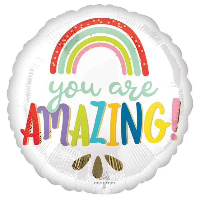 Self-sealing 45cm foil balloon featuring a colorful 'You Are Amazing' rainbow design by ANAGRAM.