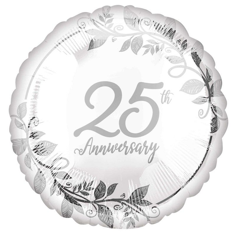 Colorful foil balloon celebrating 25th anniversary with 'Happy 25th Anniversary' message, 45cm self-sealing design.