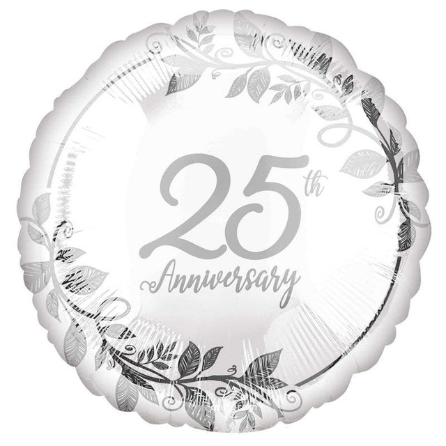 Colorful foil balloon celebrating 25th anniversary with 'Happy 25th Anniversary' message, 45cm self-sealing design.