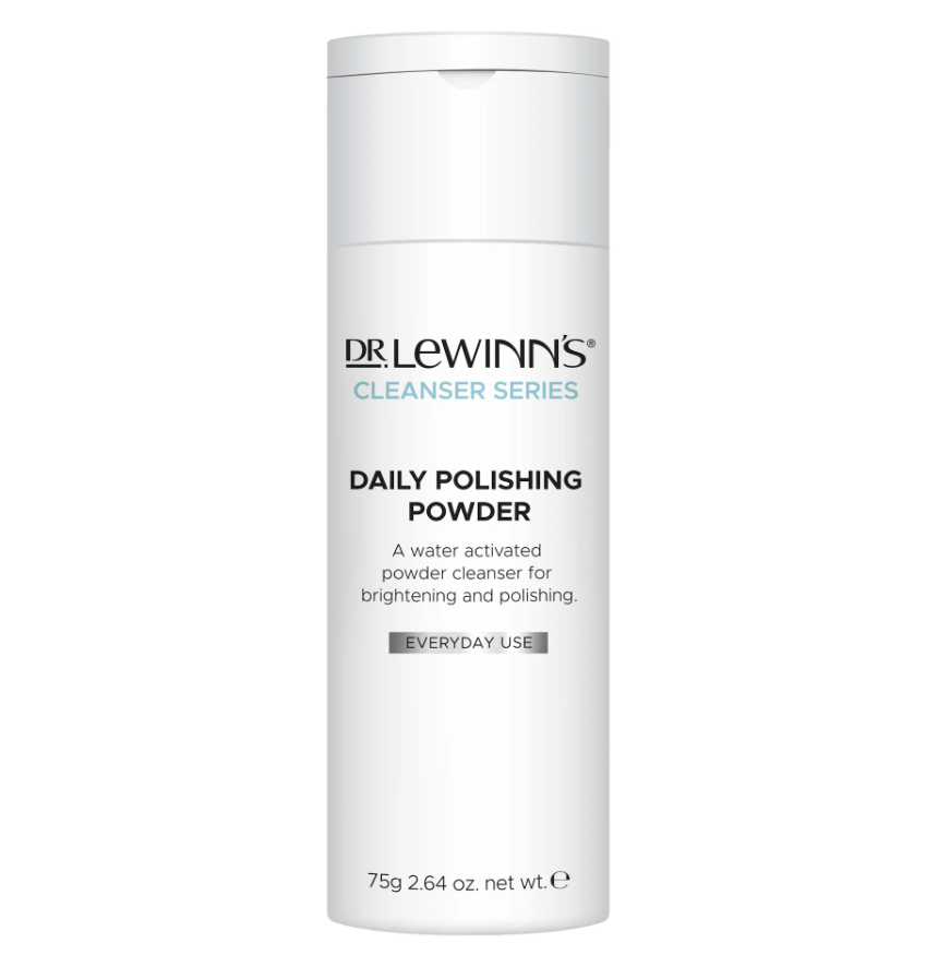 Dr. LeWinn's Daily Polishing Powder 75g, an exfoliating powder with Kaolin Clay, vitamin E, and Aloe Vera for radiant skin.