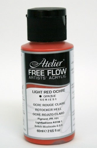 60ml bottle of Atelier Free Flow Acrylic Paint in Light Red Ochre, showcasing vibrant hue and smooth application for artists.