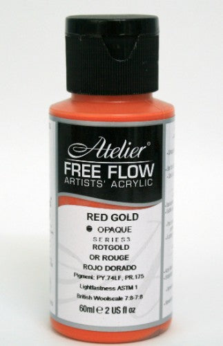 60ml bottle of vibrant Red Gold acrylic paint, known for fluidity and rich pigment, ideal for versatile artistic techniques.