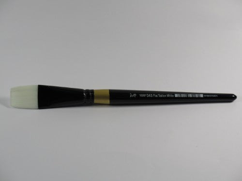 High-quality Taklon flat brush with golden bristles, ideal for precise details and broad strokes in various painting techniques.