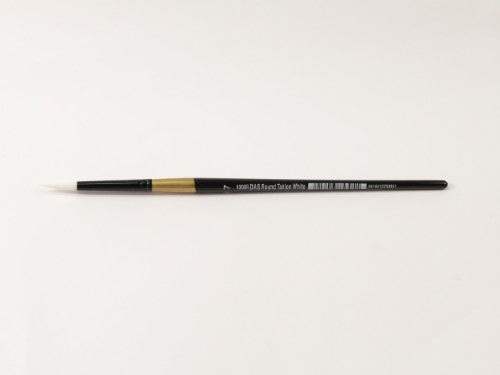 Das S1008r Taklon Round #7 artist brush with golden nylon bristles for precision detailing in various painting mediums.