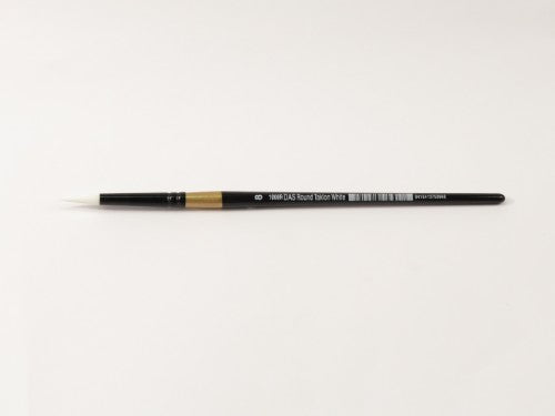 Taklon round brush #8 with soft bristles for detailed and sweeping strokes in acrylic, oil, and watercolor.