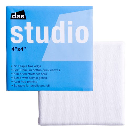 Premium 4x4 inch artist canvas, made from long-fiber cotton, ideal for acrylic, oil, and watercolor painting.