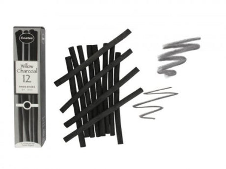 Coates Willow Charcoal Thick (7-9mm) - premium artist charcoal for sketching, shading, and fine art in a pack of 12.