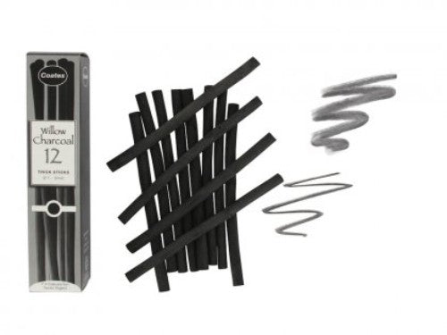 Coates Willow Charcoal Thick (7-9mm) - premium artist charcoal for sketching, shading, and fine art in a pack of 12.