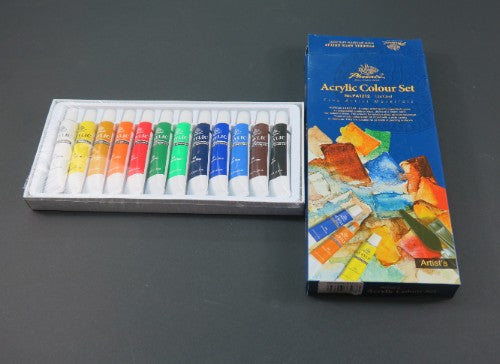 12 vibrant 12ml tubes of Phoenix Acrylic Colour for artists, featuring rich, opaque colors for various surfaces.