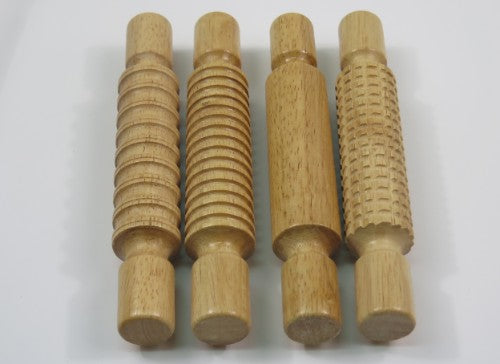 Set of 4 vibrant patterned rolling pins for kids, perfect for crafting, painting, and sensory play.