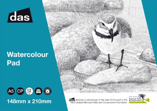 Das W/C Pad (Wrybill) A5 sketch pad with 12 sheets of 300gsm cold-pressed paper, ideal for watercolor and sketching.