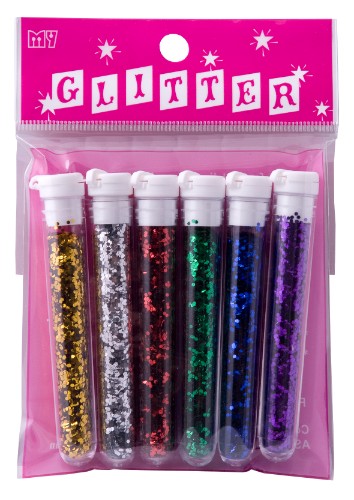 Das Glitter Set of 6 assorted jars in vibrant colors for arts, crafts, and DIY projects, perfect for all ages.