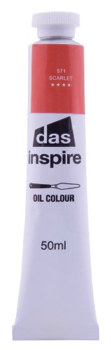 50ml tube of Das Inspire Oil Paint in vibrant scarlet, ideal for beginner artists, featuring smooth application and blendability.