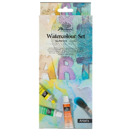 Vibrant Phoenix Watercolour 12 X 12ml Sets with 12 richly pigmented tubes for versatile painting techniques.