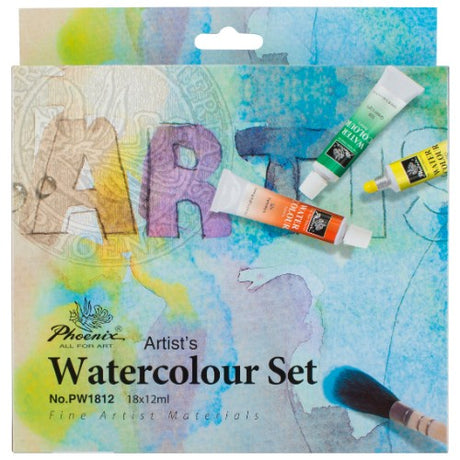 Phoenix Watercolour set with 18 vibrant 12ml tubes, perfect for artists of all skill levels and various surfaces.