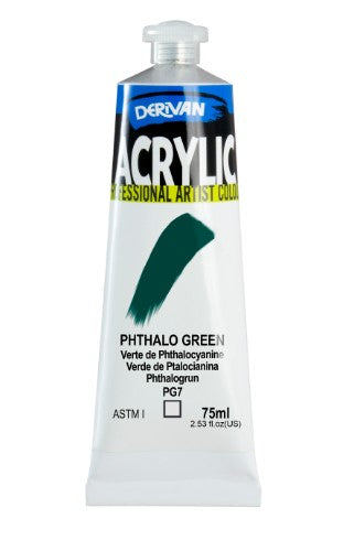 75ml tube of Derivan Acrylic Paint in Phthalo Green, vibrant and smooth for various artistic surfaces and creations.