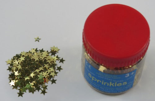Gold star-shaped edible sprinkles in a 50g package, perfect for decorating cakes and desserts with elegance.