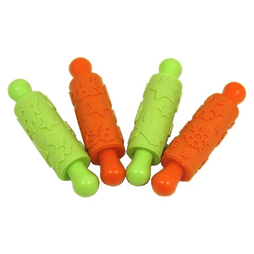 Set of 4 festive rubber rolling pins for holiday baking, featuring non-stick surfaces and cheerful Christmas motifs.