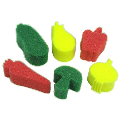 Colorful vegetable-shaped sponge painting set for kids, promoting creativity and fine motor skills with easy clean-up.