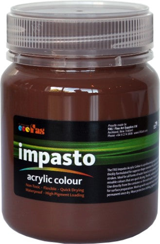 Fas Impasto Acrylic 250ml in Burnt Sienna, vibrant color with thick consistency for texture and durability in art projects.