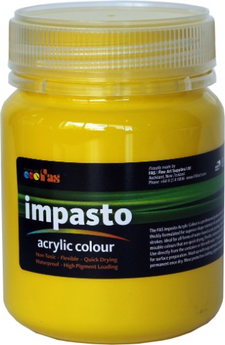 Thick yellow acrylic paint in 250ml, ideal for impasto techniques with vibrant color, texture, and superior shape retention.