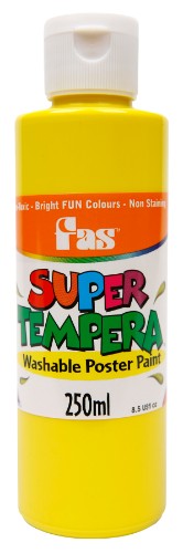 Fas Super Tempera 250ml Dp Yellow, vibrant non-toxic washable paint ideal for artists, quick-drying and easy to clean.