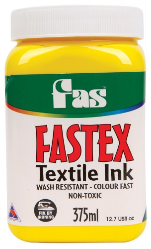 Fas Textile Ink 375ml in vibrant yellow, ideal for DIY fabric projects, ensures color fastness and durability.